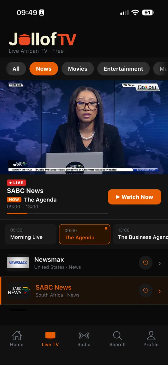 JollofTV live TV screen on iPhone