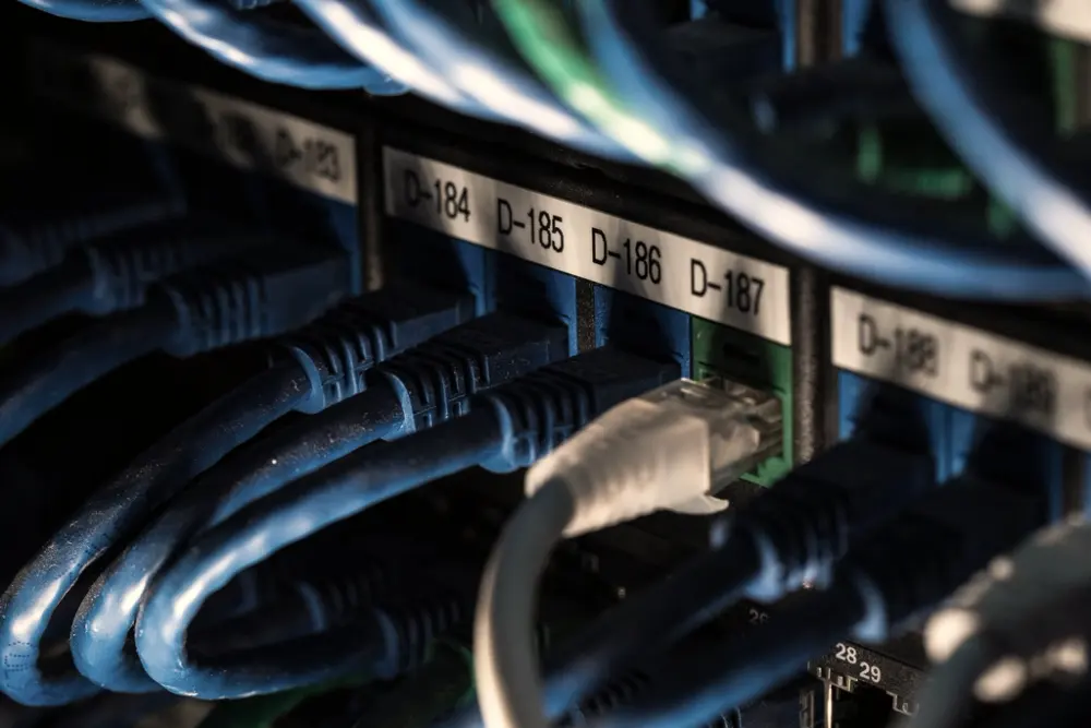 Network cables plugged into a patch panel in a server rack